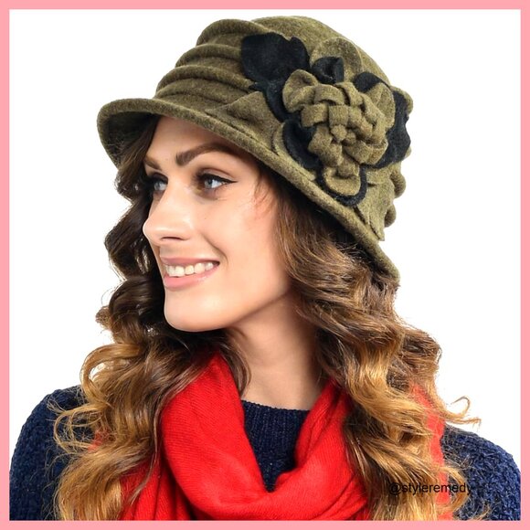 Vintage Wool Cloche Winter Hat Floral Pattern Packable